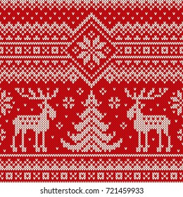 Winter Holiday Seamless Knitted Pattern with a Christmas Trees and Elks. Knitting Sweater Design. Wool Knitted Texture