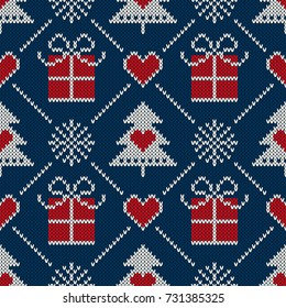 Winter Holiday Seamless Knitted Pattern With A Christmas Symbols: Present Box, Snowflake And Christmas Tree. Wool Knitting Sweater Design