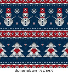 Winter Holiday Seamless Knitted Pattern with a Christmas Symbols: Snowman, Snowflake and Christmas Tree. Wool Knitting Sweater Design