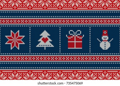 Winter Holiday Seamless Knitted Pattern with a Snowman, Snowflake, Present Box and Christmas Tree. Wool Knitting Sweater Design