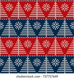 Winter Holiday Seamless Knitted Pattern with a Christmas Trees and Snowflakes. Wool Knitting Sweater Design