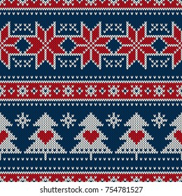 Winter Holiday Seamless Knitted Pattern with a Christmas Trees and Snowflakes. Knitting Sweater Design. Wool Knitted Texture