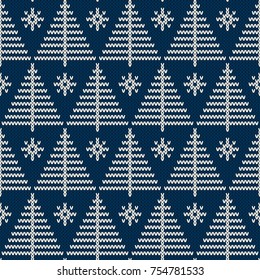 Winter Holiday Seamless Knitted Pattern with a Christmas Trees. Knitting Sweater Design. Wool Knitted Texture