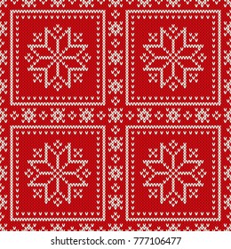 Winter Holiday Seamless Knitted Pattern with Snowflakes. Wool Knitting Sweater Design. Fair Isle Knit Christmas and New Year Background