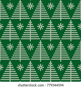 Winter Holiday Seamless Knitted Pattern with a Christmas Trees. Knitting Sweater Design. Wool Knit Texture