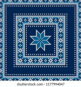 Winter Holiday Seamless Knitted Sweater Pattern Design with a Snowflake. Wool Knit Texture Imitation