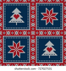 Winter Holiday Seamless Knitted Wool Knitted Imitation Texture Pattern with a Christmas Tree and Snowflake. Knitting Patchwork Style Sweater Design. 