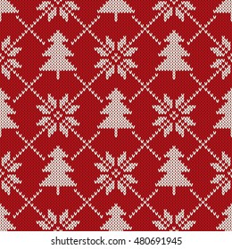 Winter Holiday Seamless Knitting Pattern with a Christmas Trees and Snowflakes. Knitted Sweater Design