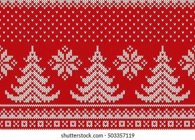 Winter Holiday Seamless Knitting Pattern with a Christmas Trees and Snowflakes. Knitted Sweater Design