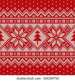 Winter Holiday Seamless Knitting Pattern with a Christmas Trees and Snowflakes. Fair Isle Knitted Sweater Design. Christmas Seamless Background