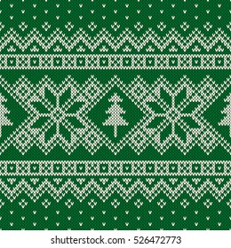 Winter Holiday Seamless Knitting Pattern with a Christmas Trees and Snowflakes. Fair Isle Knitted Sweater Design