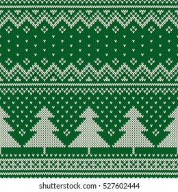 Winter Holiday Seamless Knitting Pattern with a Christmas Trees. Knitting Sweater Design. Wool Knitted Texture