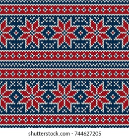Winter Holiday Seamless Knitting Pattern with Snowflakes. Fair Isle Knitted Sweater Design. Christmas Seamless Background