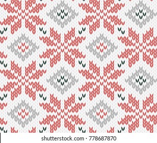 Winter holiday seamless knitting pattern on wite background. Knitted sweater design