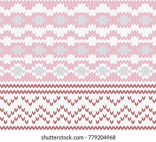 Winter holiday seamless knitting pattern in white and pink colors. Knitted sweater design