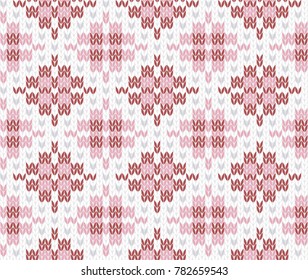Winter holiday seamless knitting pattern in pink and white colours. Knitted sweater design