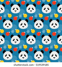 Winter holiday seamless pattern background. Panda, snow and glass ball.  Handmade illustration for design winter holiday card, new year invitation, christmas poster, album etc. 