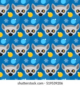 Winter holiday seamless pattern background. Lemur, snow and glass ball.  Handmade illustration for design winter holiday card, new year invitation, christmas poster, album etc. 