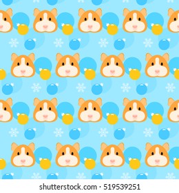 Winter holiday seamless pattern background. Guinea pig, snow and glass ball.  Handmade illustration for design winter holiday card, new year invitation, christmas poster, album etc. 