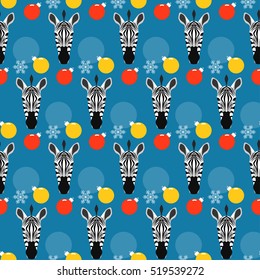 Winter holiday seamless pattern background. Zebra, snow and glass ball.  Handmade illustration for design winter holiday card, new year invitation, christmas poster, album etc. 