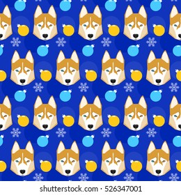 Winter holiday seamless pattern background. Husky dog, snow and glass ball.  Handmade pattern for winter card, invitation, album, scrapbook, holiday wrapping paper, textile fabric, garment etc. 
