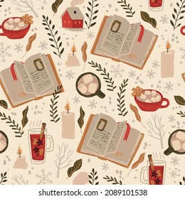 Winter holiday seamless pattern with book of fairy tales, cocoa and other winter symbols. Christmas and New Year decorations.