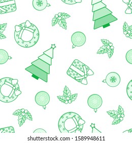 Winter holiday seamless pattern. Christmas and New Year traditional decorations and symbols vector background design.