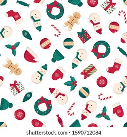Winter holiday seamless pattern. Christmas and New Year traditional decorations and symbols vector background design.