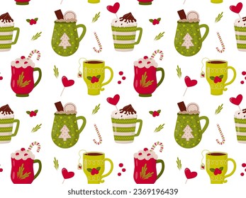 Winter holiday seamless pattern for Christmas mugs with coffee, tea, cocoa, whipped cream. For wrapping paper, fabric, textile.