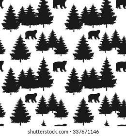 Winter Holiday seamless pattern with christmas trees, bear. Vector falling snow background for christmas card. 