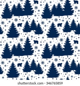 Winter Holiday seamless pattern with christmas trees, bears, snowflakes. Vector falling snow background for christmas card. 