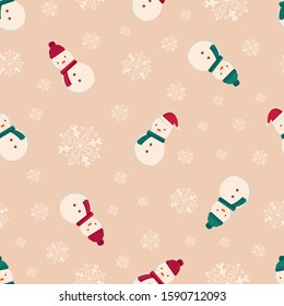 Winter holiday seamless pattern. Cute snowmans and snowflakes vector background design.