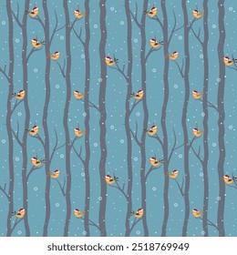 Patrón inconsútil de las vacaciones de invierno con los pájaros lindos en la noche de invierno, para el papel decorativo, de la tela, de la materia textil, de la impresión o de envoltura, Ilustración vectorial