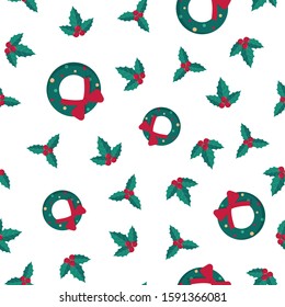 Winter holiday seamless pattern. Decorative wreath and holly leaves vector background design.