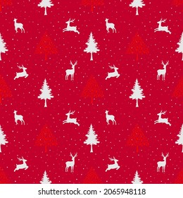 Patrón transparente de vacaciones de invierno con familia de ciervos sobre fondo rojo,ilustración vectorial