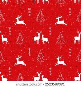 Winter holiday seamless pattern with deers family on red background,vector illustration