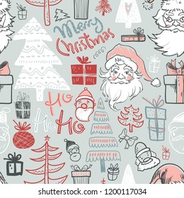 Winter holiday seamless pattern with doodle hand drawn Santa, tree and gift boxes. Hand lettering. Merry Christmas, hohoho