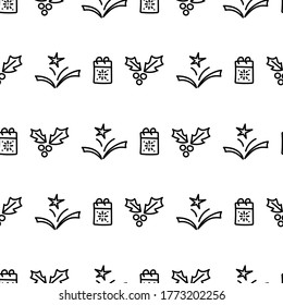 Winter holiday. Seamless pattern with Doodle fireworks, holiday calendar, Holly leaves and berries . Christmas, New year.