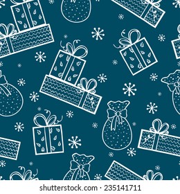 Winter holiday seamless pattern with doodle hand drawn presents and snowflakes. Christmas tiling background.