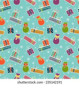 Winter holiday seamless pattern with doodle hand drawn presents and snowflakes. Christmas tiling background.