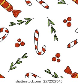 Winter holiday seamless pattern featuring hand drawn candy canes and festive berries, vector illustration