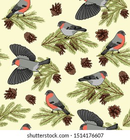 Winter holiday seamless pattern of fir branches and bullfinches