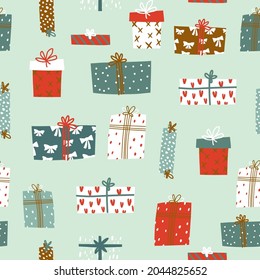 Winter holiday seamless pattern with gift boxes. Great texture for wrapping paper, fabric, textile. Vector illustration