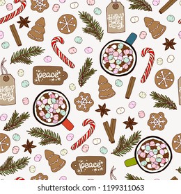 Winter holiday seamless pattern with hand drawn cartoon sweets - gingerbread cookies, candy cane, marshmallow, hot chocolate and gift tags with christmasy words. Xmas tiling background.