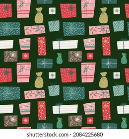 Winter holiday seamless pattern with hand drawn cartoon presents and gift boxes with different wrapping papers, ribbons and decor. Festive Xmas tiling background.