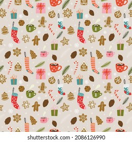 Winter holiday seamless pattern with hand drawn cartoon sweets - gingerbread cookies, candy cane, cups with hot chocolate, Christmas gift socks, gift boxes and presents. Cozy Xmas tiling background