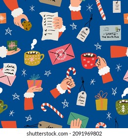 Winter holiday seamless pattern with hand drawn cartoon Santa hands holding candy cane, cup with hot chocolate, letter, present, gift box, list. Cozy Xmas tiling background