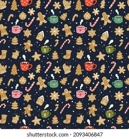 Winter holiday seamless pattern with hand drawn cartoon sweets - gingerbread cookies, candy cane, cups with hot chocolate. Cozy Xmas tiling background for wrapping paper, greeting card, wallpaper