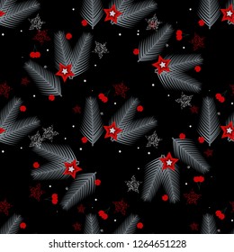 Winter holiday seamless pattern on black. Festive Christmas symbols wallpaper. Christmas tree, stars, balls, snowflakes repeating decor isolated eps10