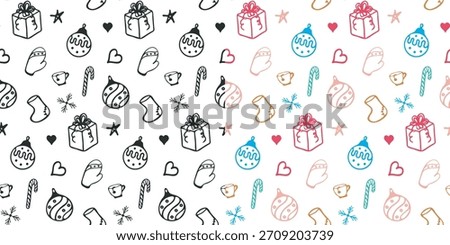 Winter holiday seamless pattern. Outline isolated Christmas element, free hand drawn doodle cartoon style. Black or Colorful ink marker texture brush stroke, white background. Cute vector illustration